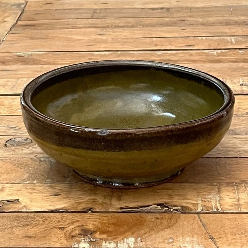Studio Art Stoneware Bowl 6.25" Green Brown Two Tone Glaze Earthy